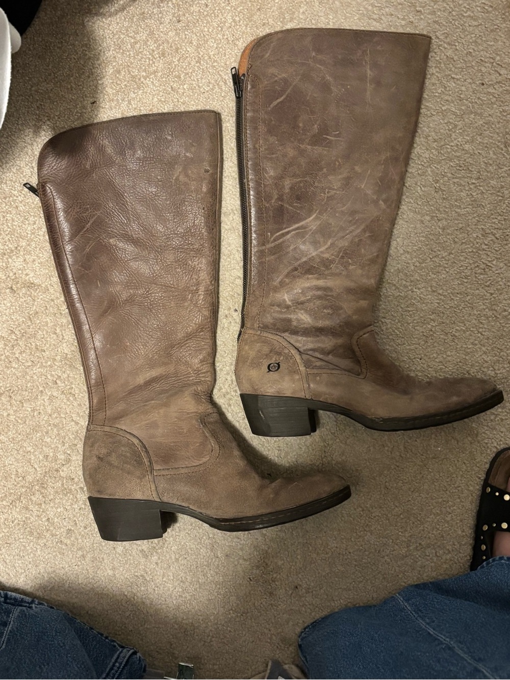 Born Tall brown gray Leather Block-Heel Riding Boots back zipper